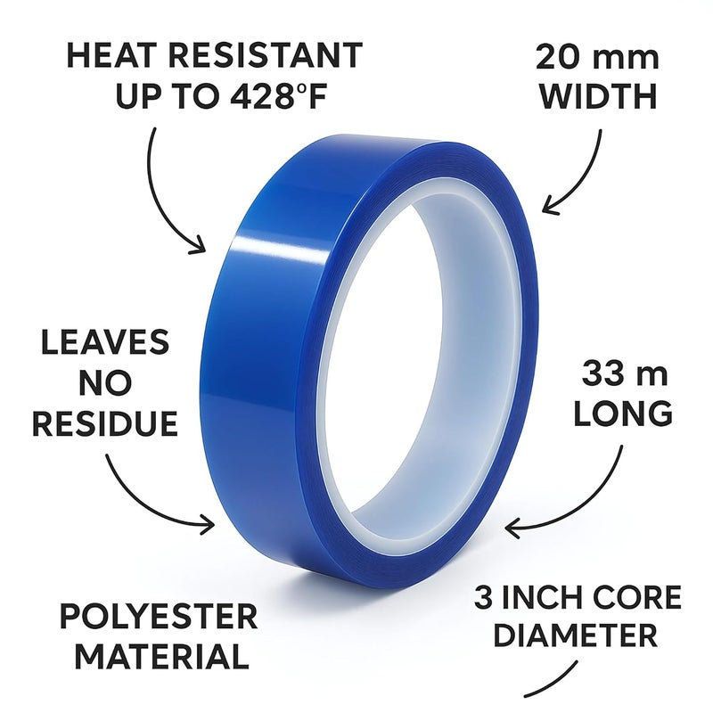 echomerx 20mm x 33m (108 ft) Blue Heat Resistant Tape - 3" Core | No Residue Heat Transfer Tape for Sublimation & Crafts | Ideal for Heat Press - 3-Pack - Image 2